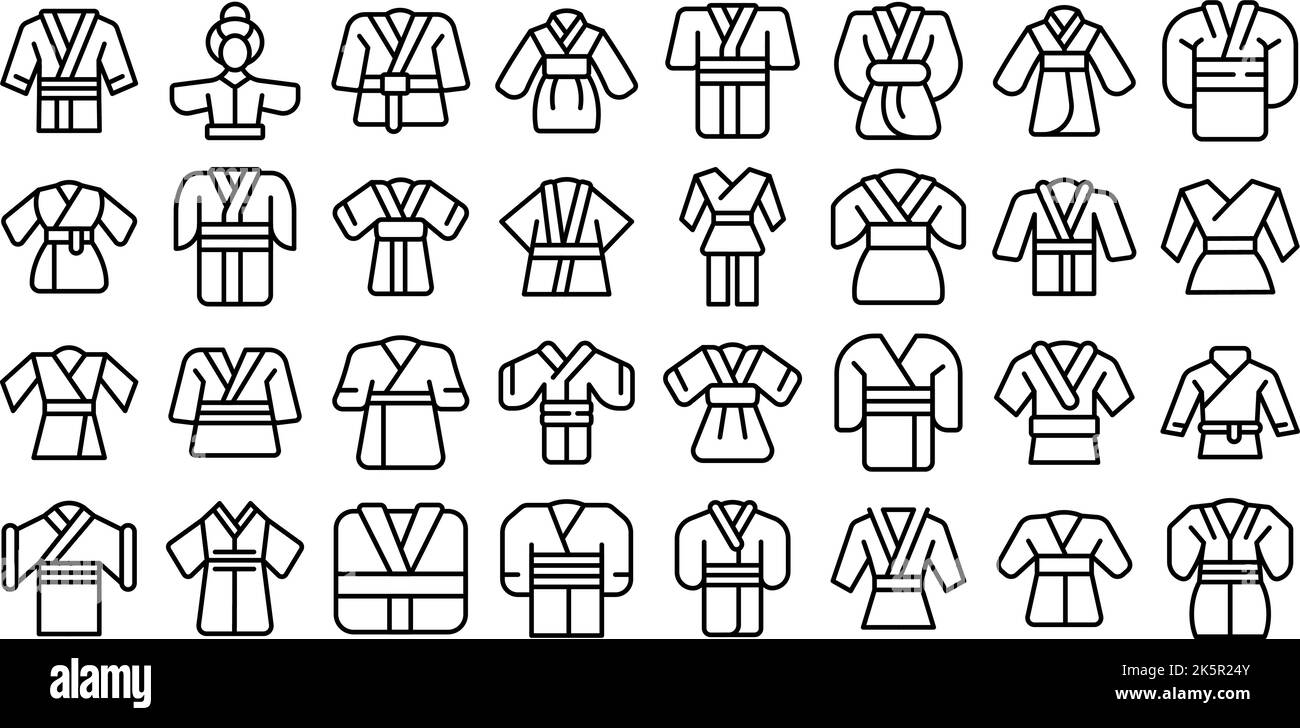 Les icônes kimono définissent le vecteur de contour. Japonais asiatique. Geisha femme Illustration de Vecteur