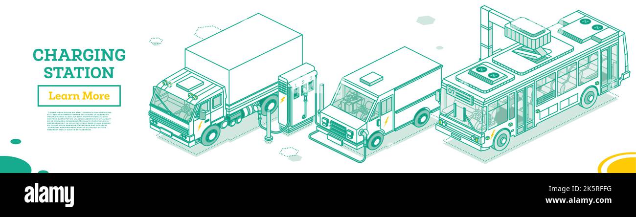 Station de charge Electromobile. Concept de contour isométrique. Illustration vectorielle. Camions, fourgonnettes et autobus. Transport écologique. Énergie verte. Illustration de Vecteur