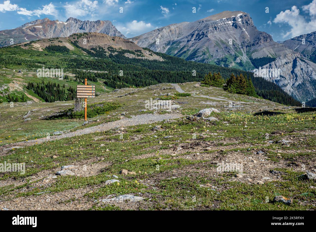 Sunshine Village, Alberta - 7 août 2022 : affiche indiquant les indications pour les pistes de ski à Sunshine Village, Alberta, en été Banque D'Images
