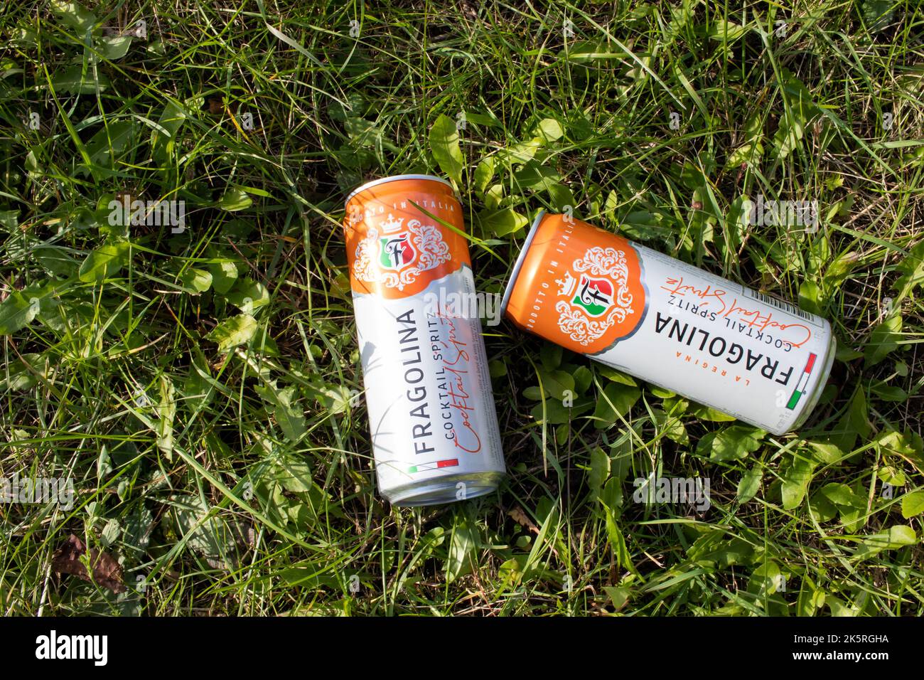 KyivUkraine - 10.09.22: Boîte de vin boisson cocktail shpritz la Regina Fragolina sur fond d'herbe verte. Vue de dessus. Copier l'espace. Jour ensoleillé. Banque D'Images