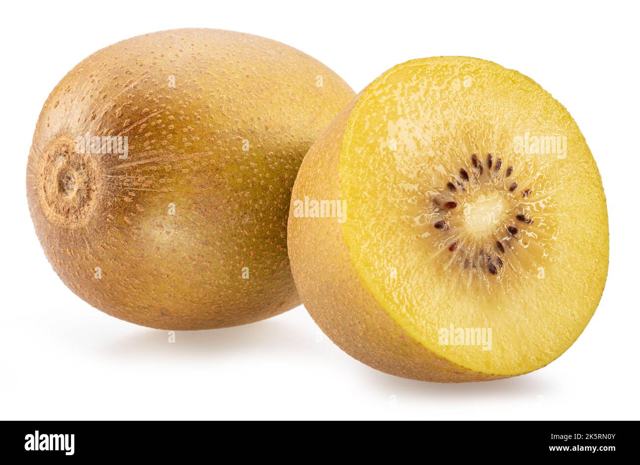 Kiwi doré et coupe croisée de kiwi isolée sur fond blanc. Banque D'Images