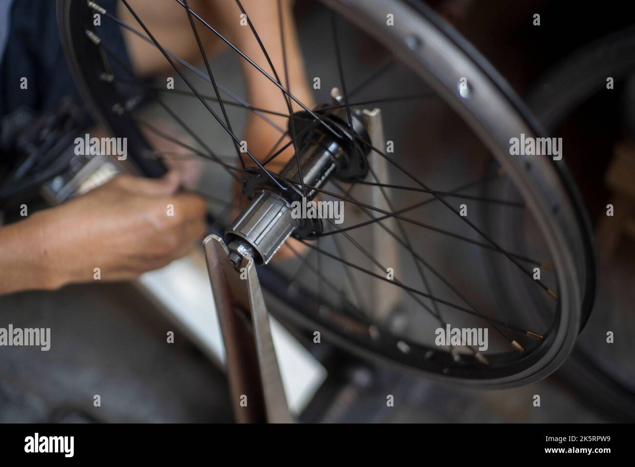 Réparation de la roue de vélo dans l'atelier, supports de roues Truing Banque D'Images
