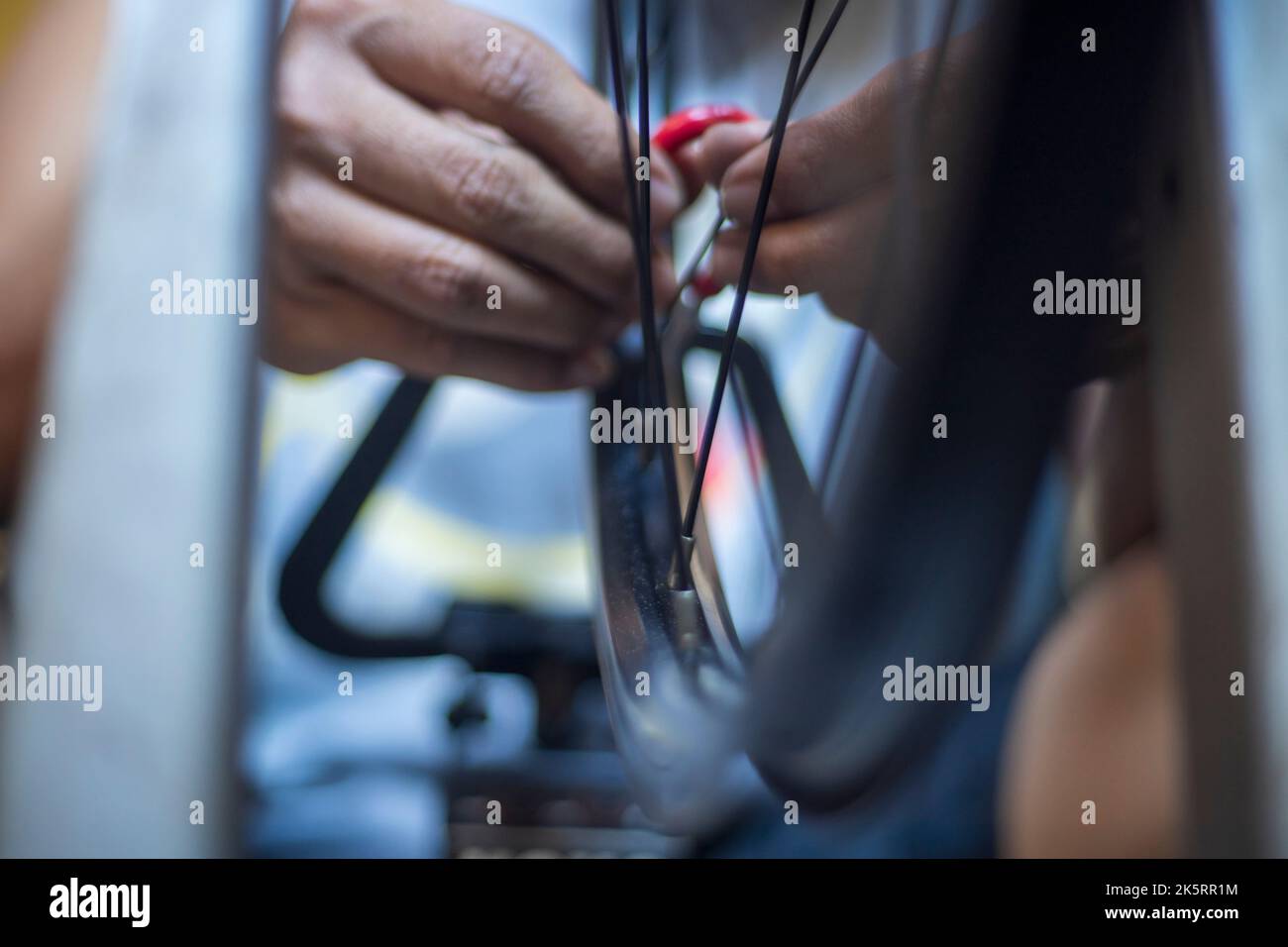 Réparation de la roue de vélo dans l'atelier, supports de roues Truing Banque D'Images