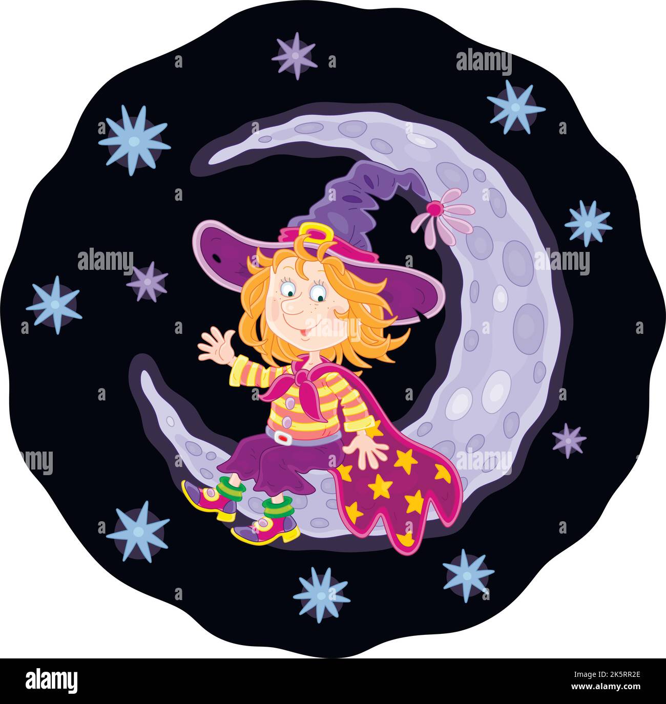 Bonne petite sorcière assise sur un croissant de lune et agitant en saluant lors d'une mystérieuse nuit étoilée sombre Illustration de Vecteur