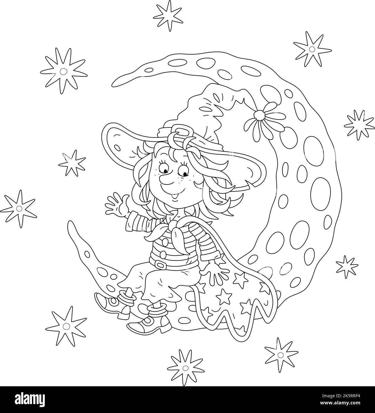 Bonne petite sorcière assise sur un croissant de lune et agitant en saluant lors d'une mystérieuse nuit étoilée Illustration de Vecteur