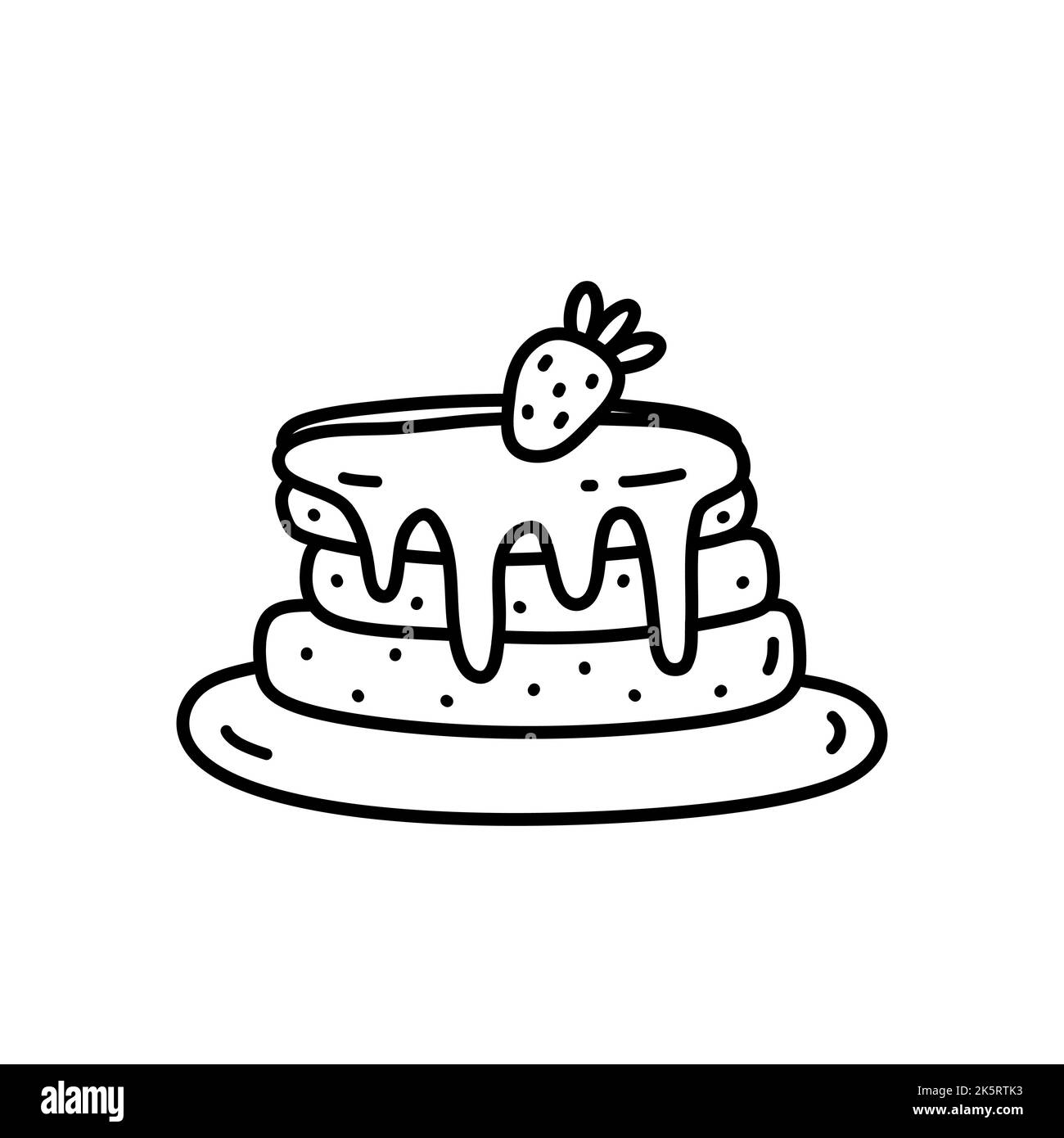 Crêpes mignonnes avec confiture de fraises décorée de baies. Nourriture sucrée isolée sur fond blanc. Illustration vectorielle dessinée à la main, style doodle. Illustration de Vecteur
