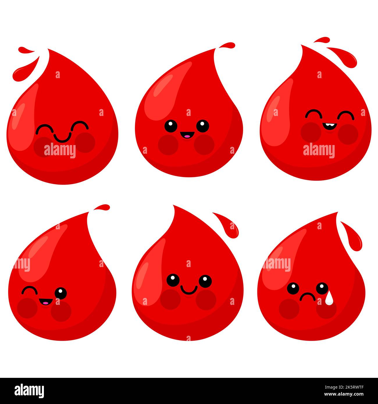 Mignons gouttes de sang de dessin animé. Personnages du concept de don de sang. Banque D'Images