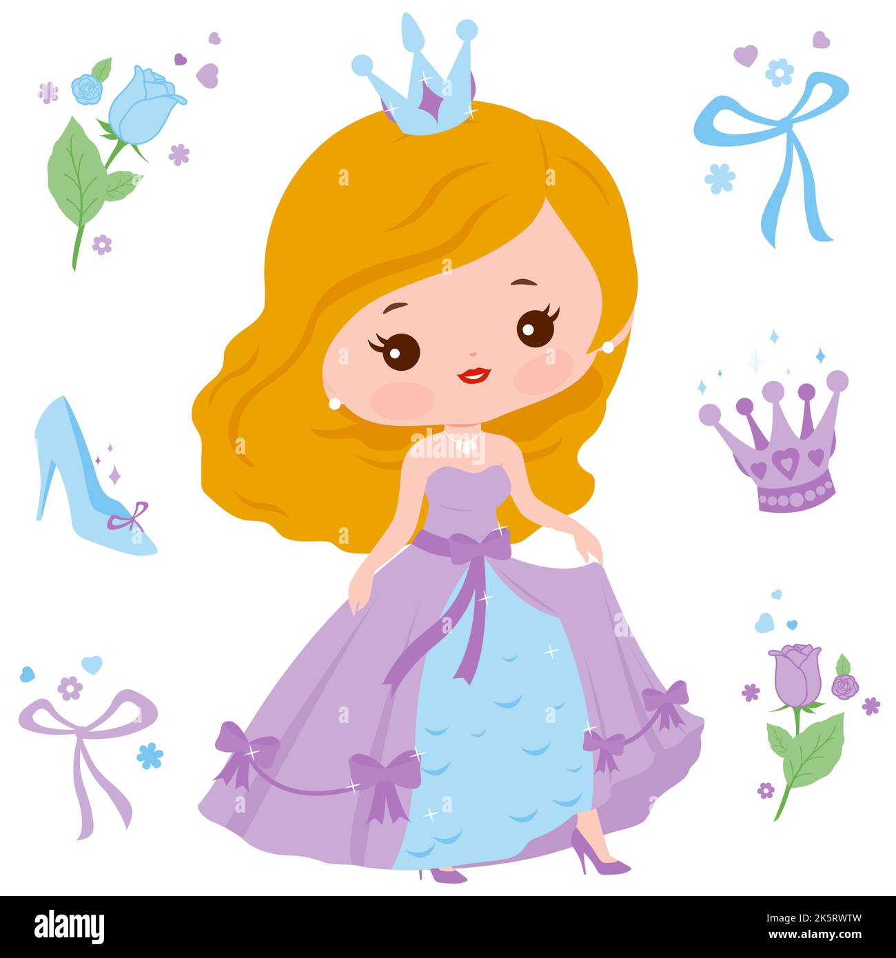 Belle princesse avec une jolie robe. Jeu d'illustrations Banque D'Images