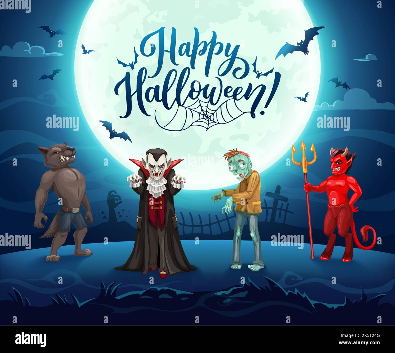 Personnages d'Halloween. Paysage de vacances de nuit. Méchant loup