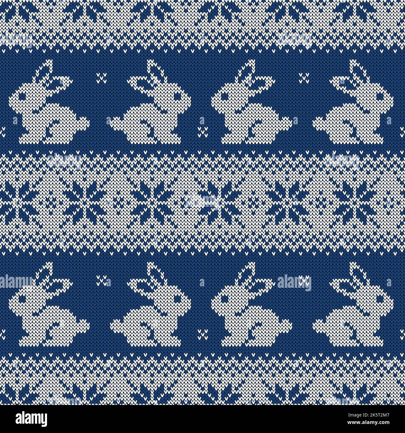 Motif sans couture en maille pour la nouvelle année 2023 du lapin. Arrière-plan vectoriel avec des lapins mignons et des ornements scandinaves. Pull bleu foncé et blanc Illustration de Vecteur