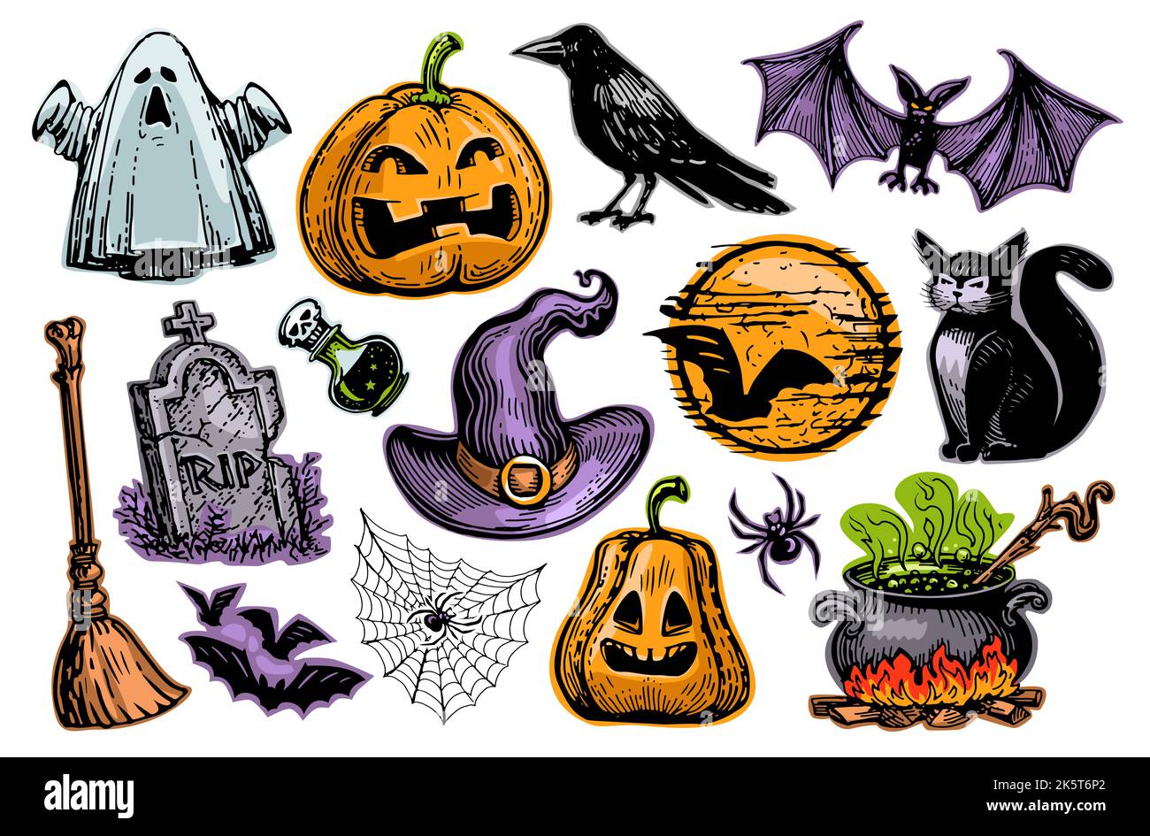 Collection de décorations d'Halloween. Drôle et effrayant vacances éléments colorés ou autocollants ensemble isolé sur fond blanc Banque D'Images