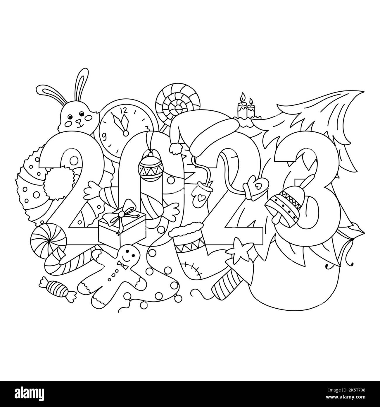 2023 gribouillages dessinés à la main comme arbre de Noël, cadeau, couronne, lapin, guirlande, horloge, pirate, bougies, mitaines, sonnette, homme de pain d'épice. Vecteur Illustration de Vecteur