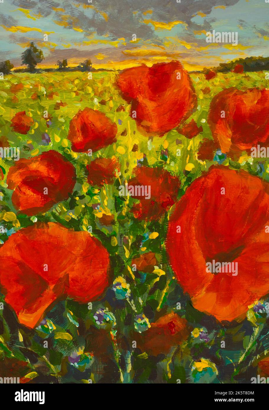Peinture Botanique Champ De Coquelicots Rouges Sous Un Ciel D'Été tableau impression sur toile