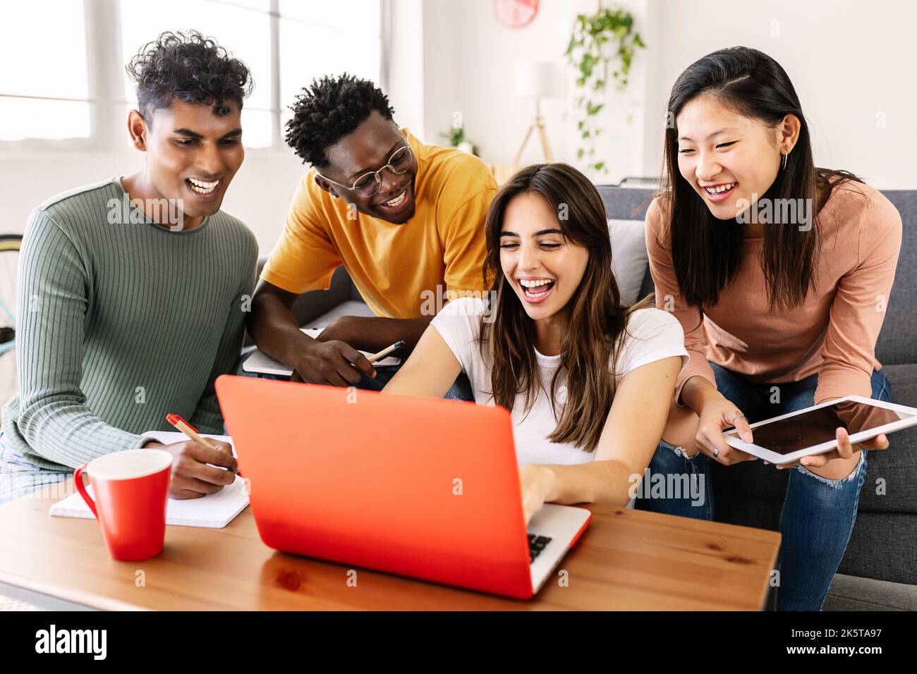 Jeune groupe d'étudiants divers étudiant ensemble à l'aide d'un ordinateur portable à la maison Banque D'Images