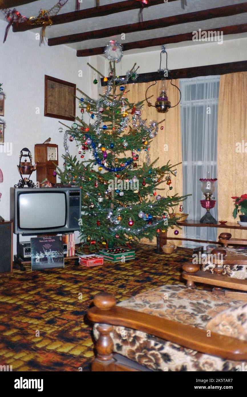 salon typique début 1980s avec mobilier de l'époque à noël avec arbre et décorations début 1980s rugby angleterre royaume-uni Banque D'Images