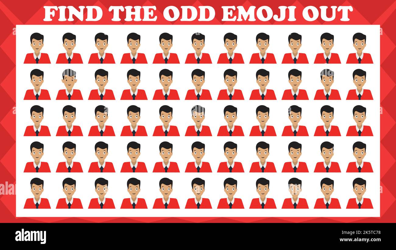 Trouvez l'Odd Emoji Out, jeu de puzzle de logique visuelle. Jeu d'activité pour enfants. Illustration vectorielle. Illustration de Vecteur