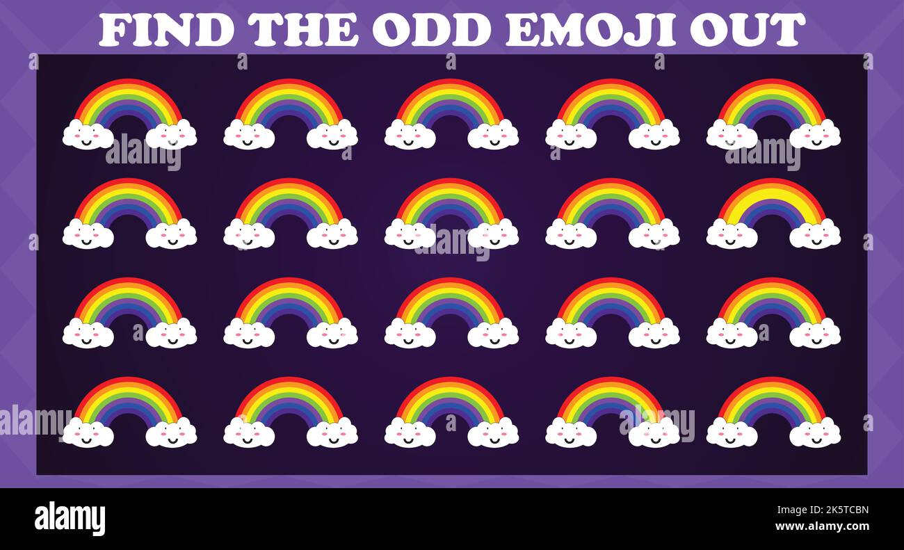 Trouvez l'Odd Emoji Out, jeu de puzzle de logique visuelle. Jeu d'activité pour enfants. Illustration vectorielle. Illustration de Vecteur