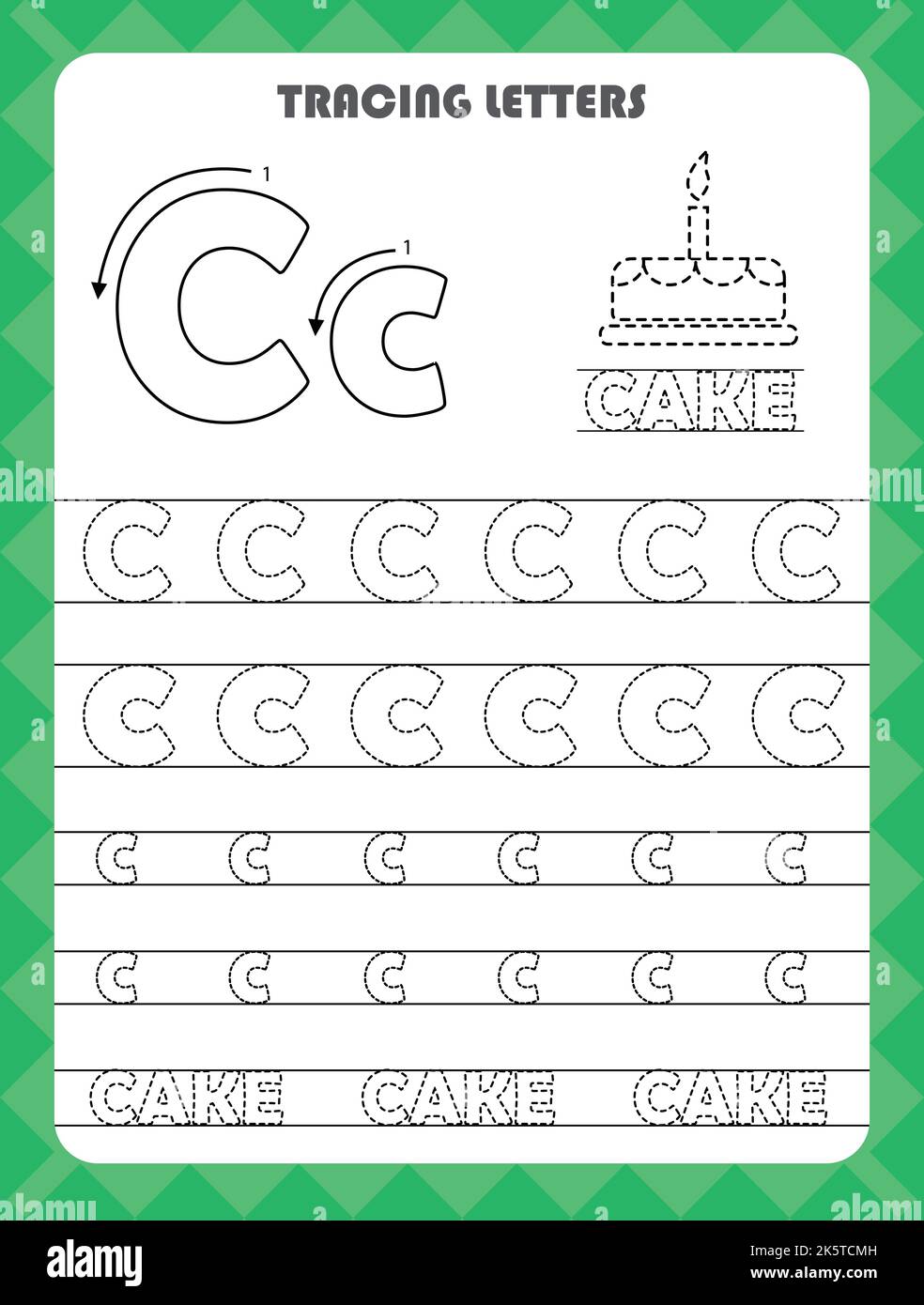 Tracer des lettres de l'alphabet anglais et remplir des couleurs majuscules et minuscules C. pratique de l'écriture manuscrite pour les enfants d'âge préscolaire feuille de travail. Illustration de Vecteur