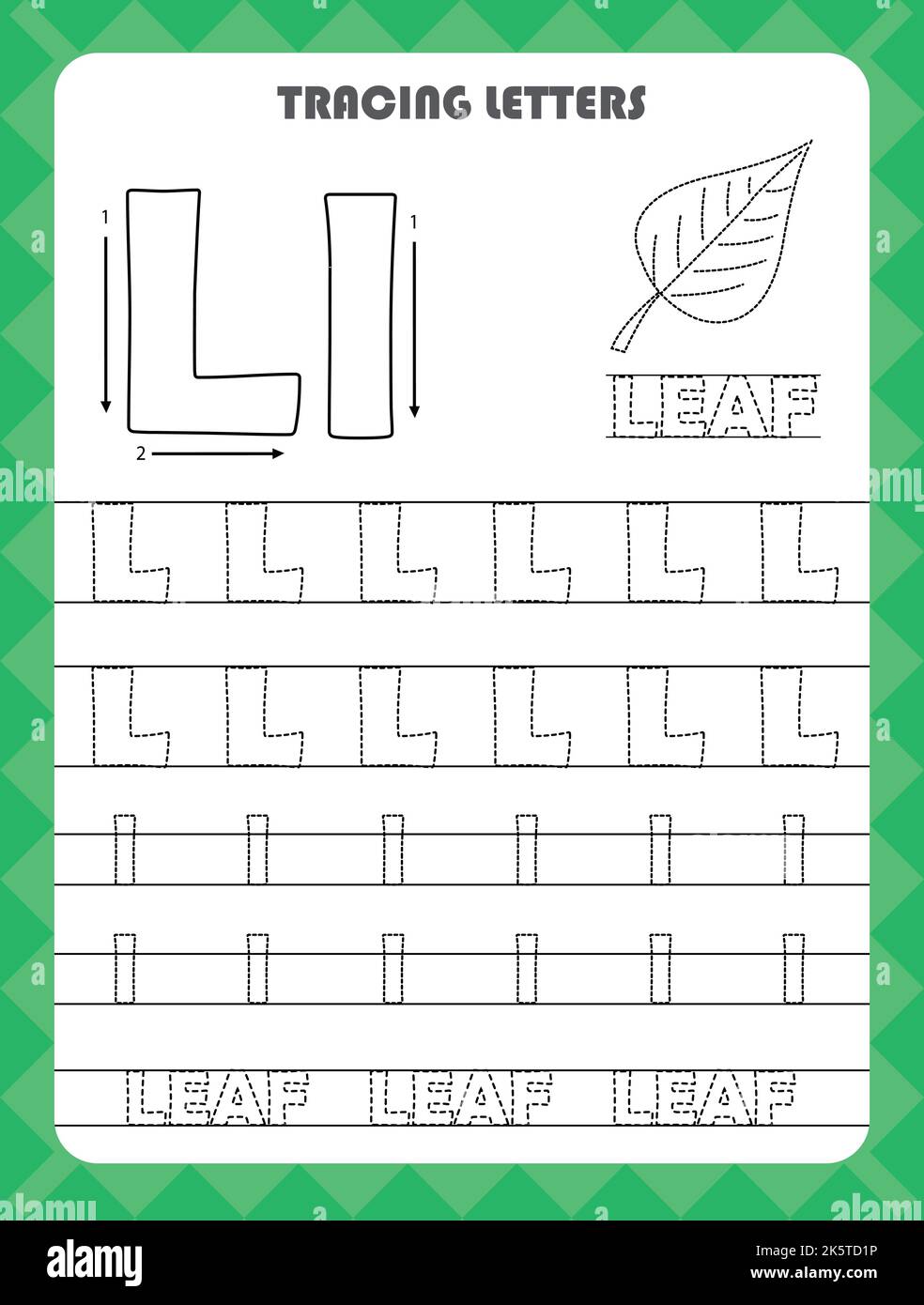 Tracer des lettres de l'alphabet anglais et remplir des couleurs majuscules et minuscules L. pratique de l'écriture pour enfants d'âge préscolaire feuille de travail. Illustration de Vecteur