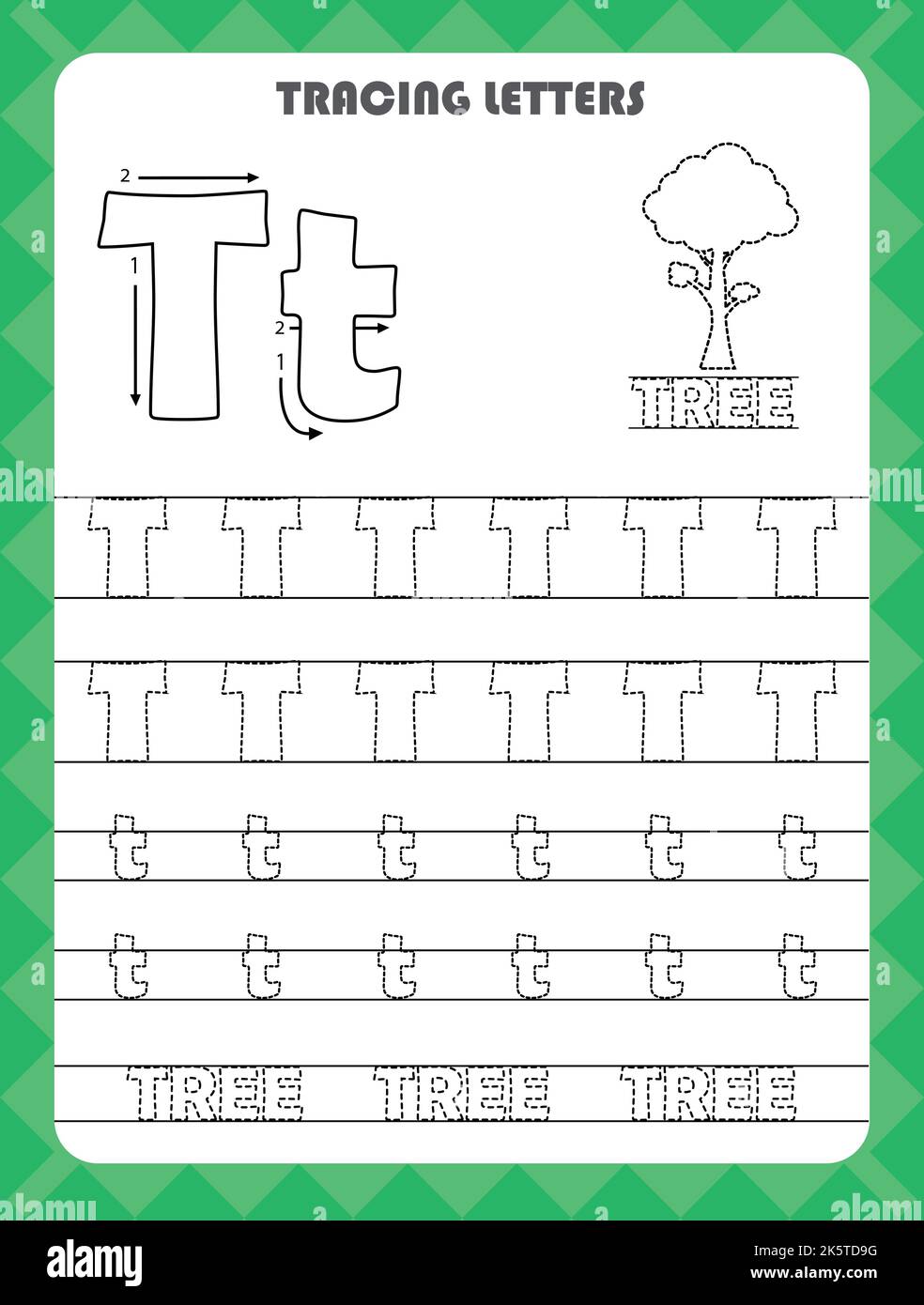 Tracer des lettres de l'alphabet anglais et remplir des couleurs majuscules et minuscules T. exercice d'écriture pour enfants d'âge préscolaire. Illustration de Vecteur