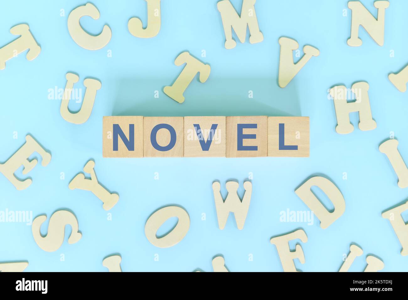 Nouvelle forme narrative dans le concept de littérature anglaise. Les blocs de bois typographiques mot plat se trouvent sur fond bleu. Banque D'Images