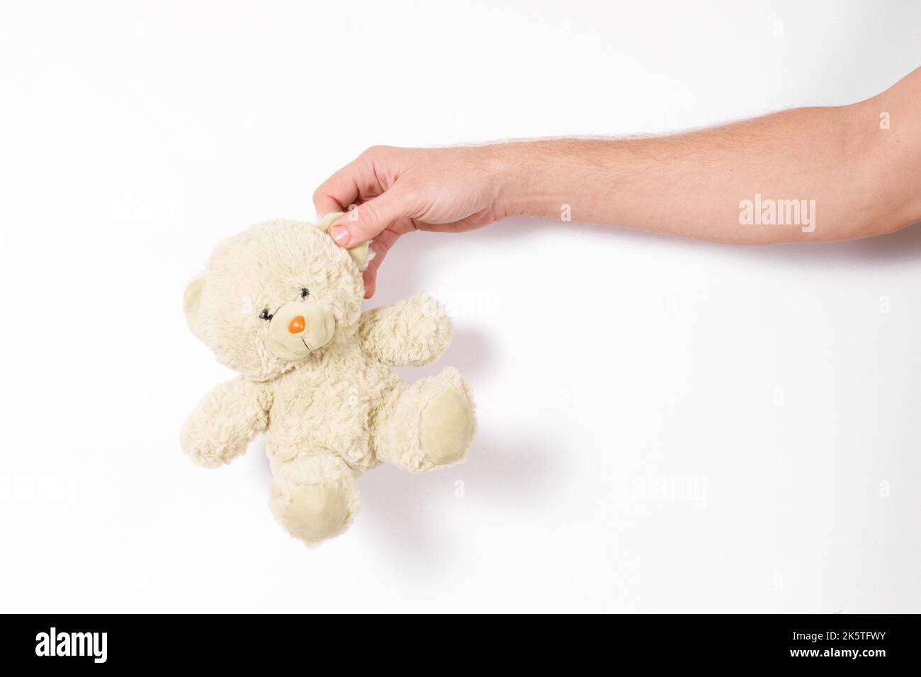 main mâle tenant un ours en peluche sur fond blanc Banque D'Images