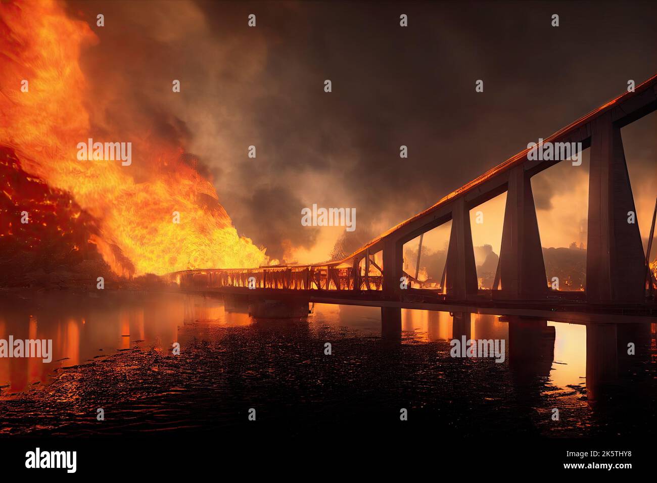 3D illustration d'une explosion sur le pont de Crimée du détroit de Kerch en cas de feu. Concept de sabotage à la logistique dans une guerre apocalyptique. Hellish Banque D'Images