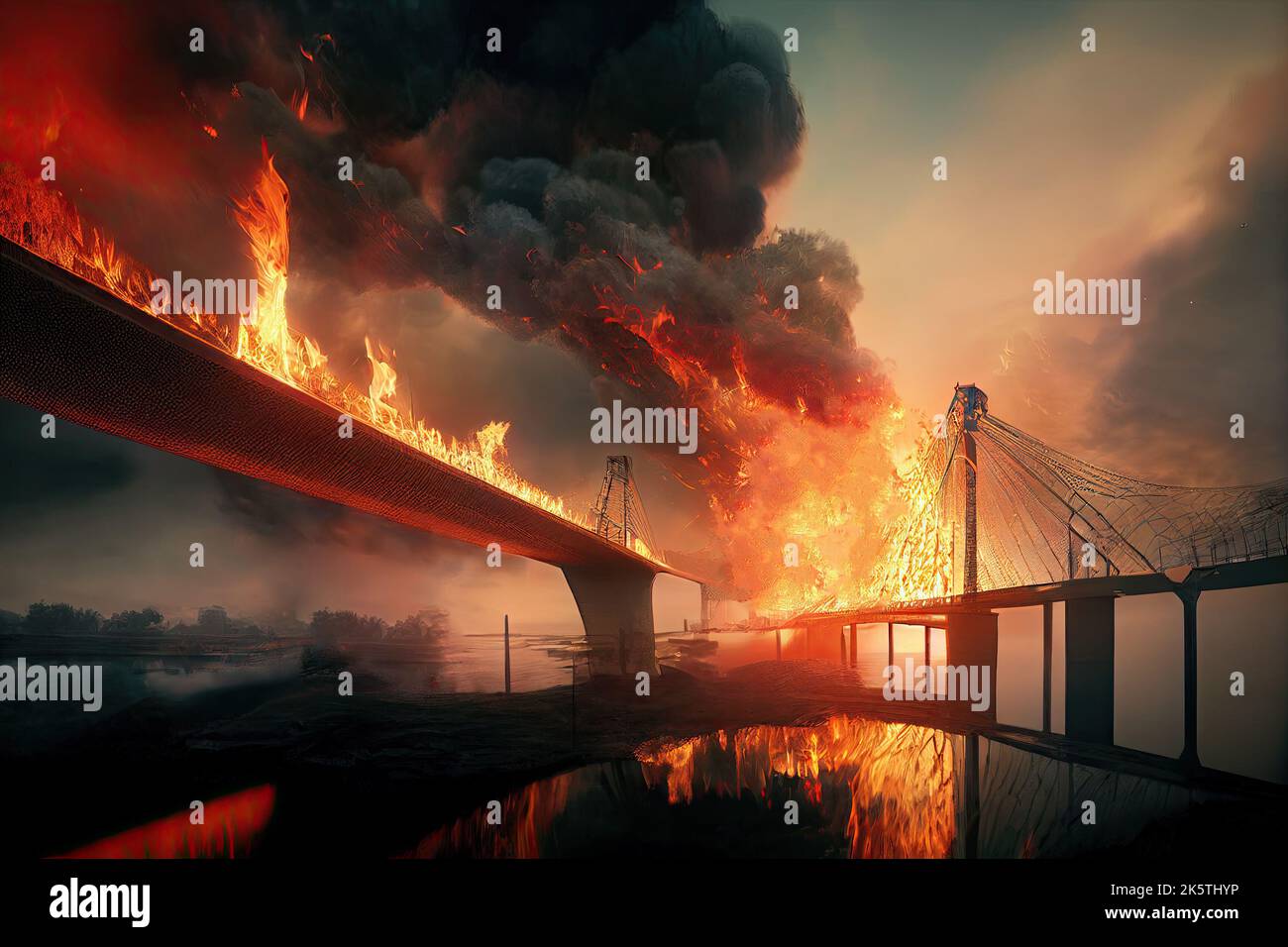 Un pont du détroit de Kerch endommagé en feu dans l'illustration de 3D. Un sabotage de la logistique dans une guerre sanglante. Un champ de bataille infernale dans une ville de terre en friche Banque D'Images