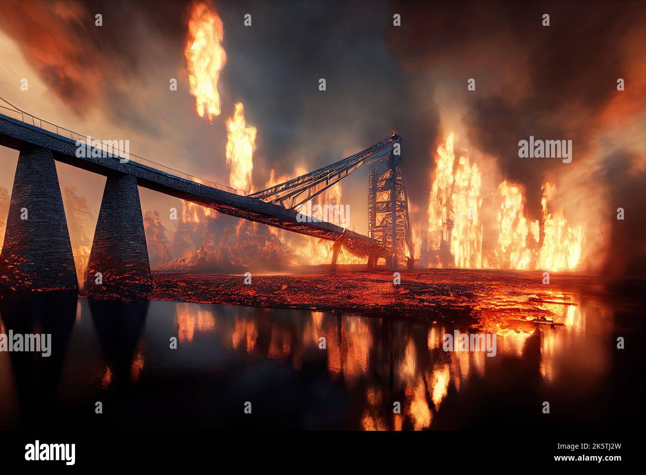 Une illustration explosive d'un incendie sur le pont du détroit de Kerch pendant la guerre Ukraine-Russie en Crimée où la logistique a été saboté. Un méfait Banque D'Images