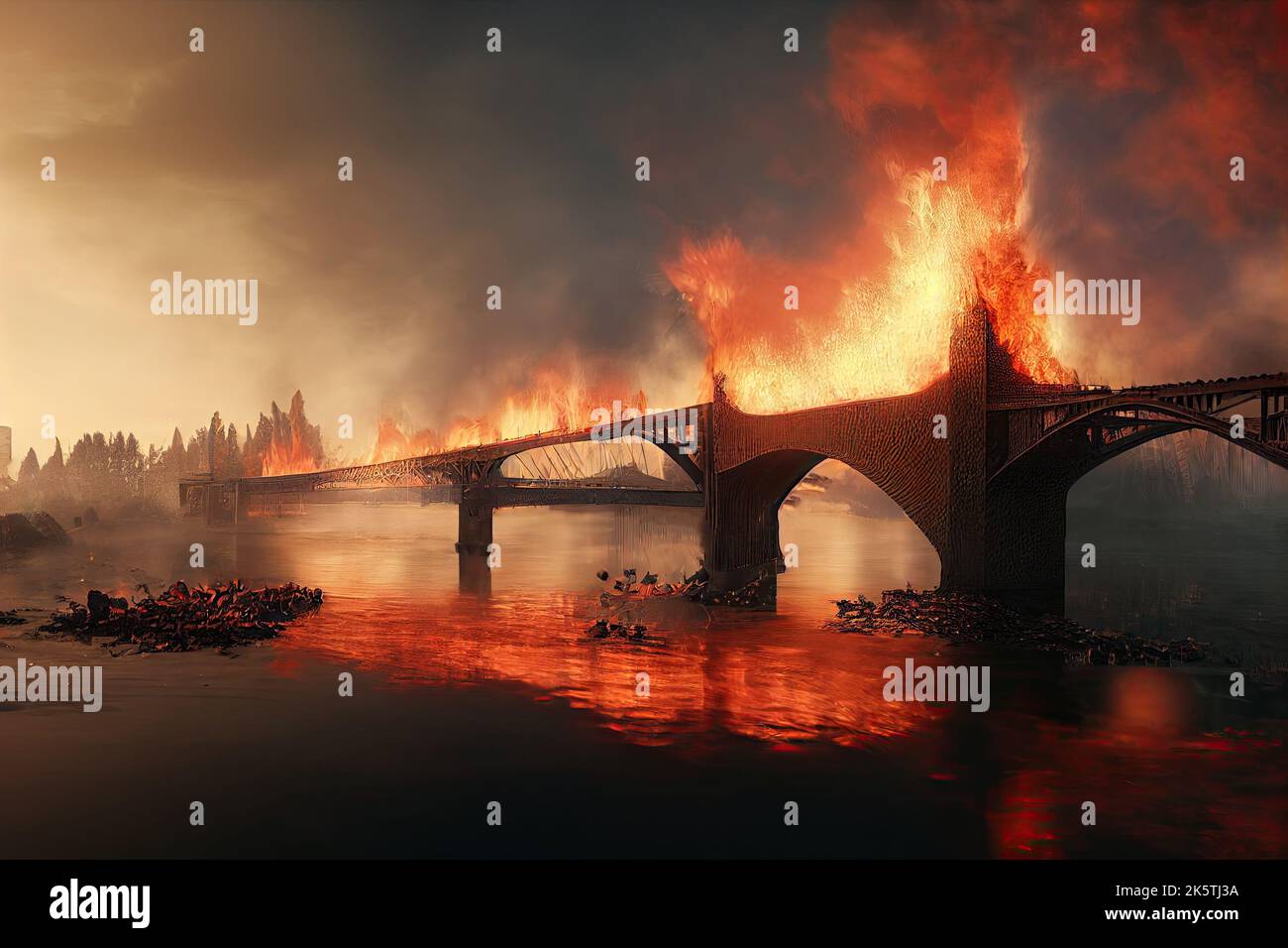 Explosion sur le pont de Crimée du détroit de Kerch en 3D. Un sabotage a été tenté de logistique dans une guerre Ukraine-Russie. Un champ de bataille infernale Banque D'Images