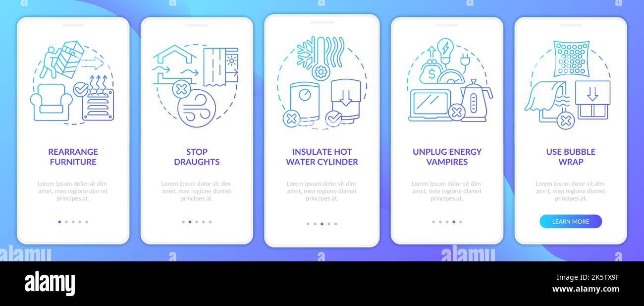 Réduction de la consommation d'énergie conseils intégration écran bleu gradient de l'application mobile Illustration de Vecteur