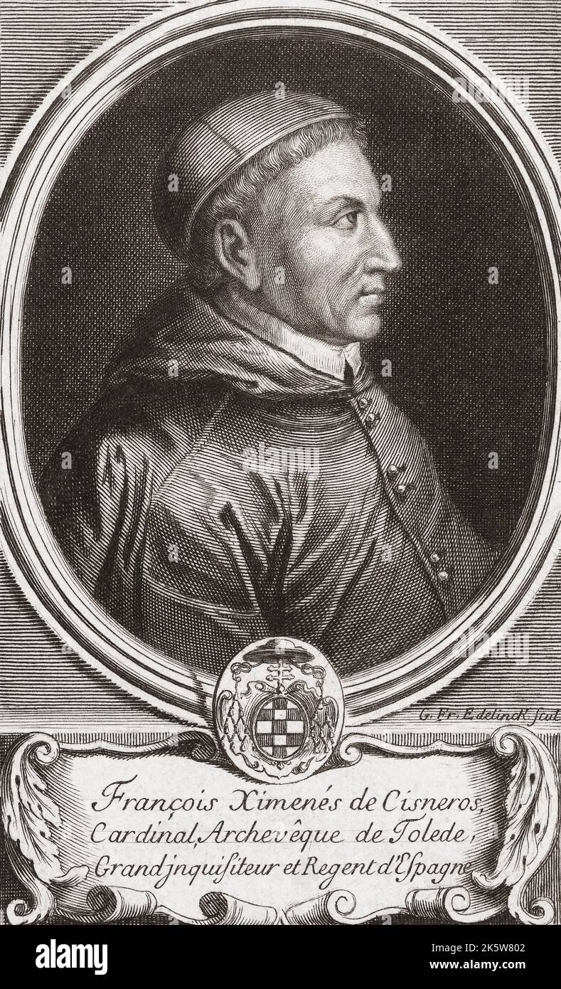 Francisco Jiménez de Cisneros, 1436 – 1517, alias Ximenes de Cisneros. Cardinal espagnol, personnage religieux et homme d'État. Après un imprimé du 18th siècle par Gaspar François Edelinck. Banque D'Images