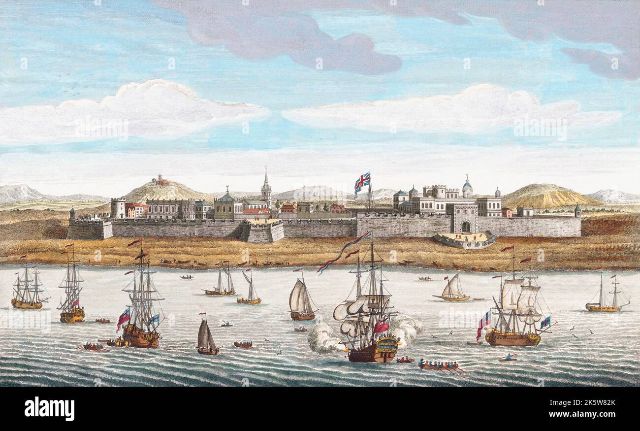 Fort St. George sur la côte de Coromandel. Appartenant à la Compagnie de l'Inde de l'est de l'Angleterre. Le fort de Madras, Chennai moderne, fut fondé en 1639 et fut la première forteresse britannique en Inde. D'une impression de 18th siècle par un artiste anonyme après une œuvre de Jan Van Ryne. Banque D'Images