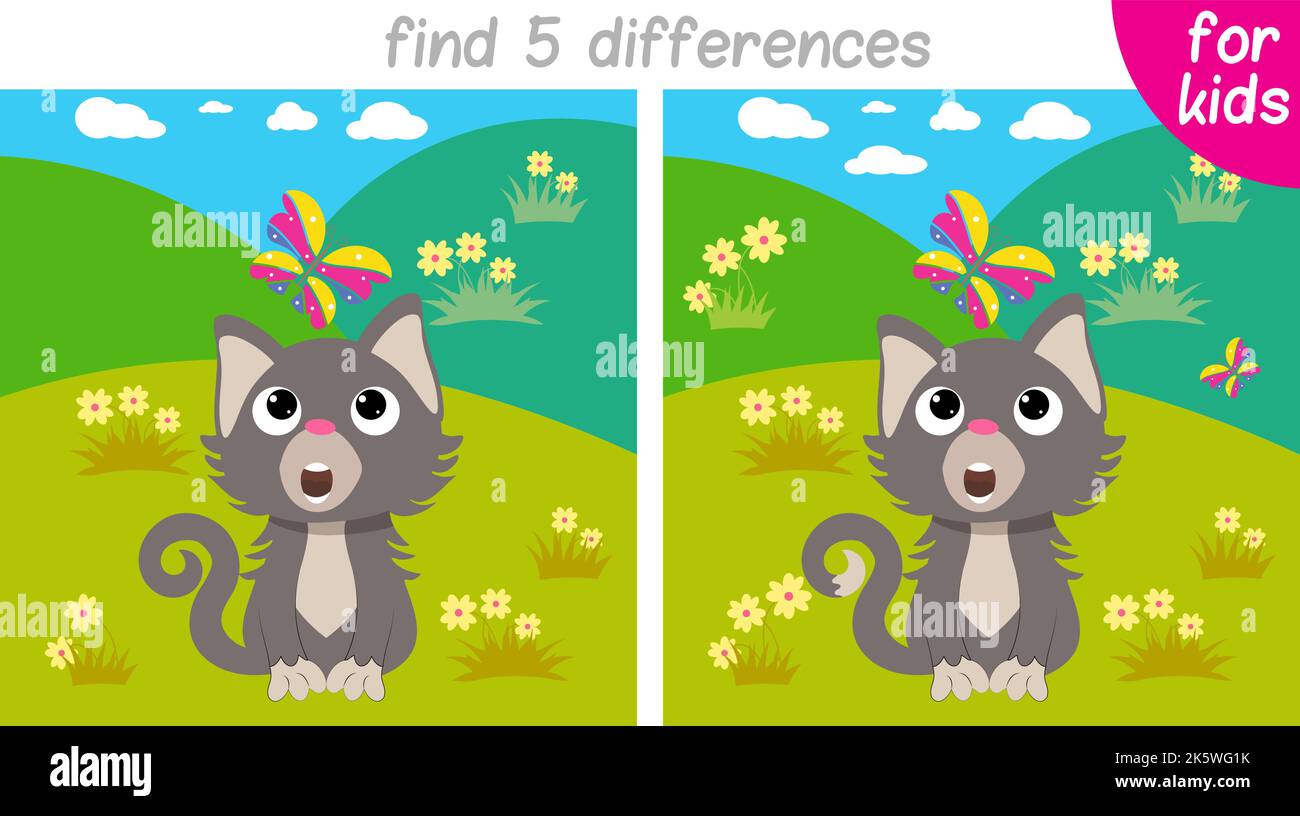 le chaton regarde le papillon avec surprise. Jeu logique pour les enfants. Vous devez trouver 5 différences. Page imprimable pour le livre ou le jeu pour enfants. DEVE Illustration de Vecteur