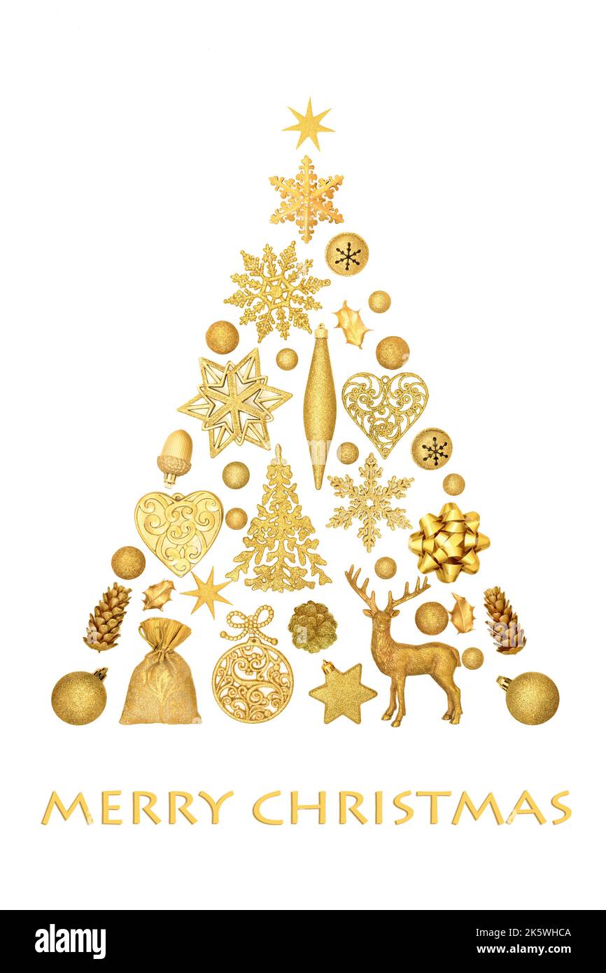 Joyeux Noël forme arbre décoration concept abstrait avec boules dorées décorations et ornements sur fond blanc. Élément de conception de symbole Noël. Banque D'Images