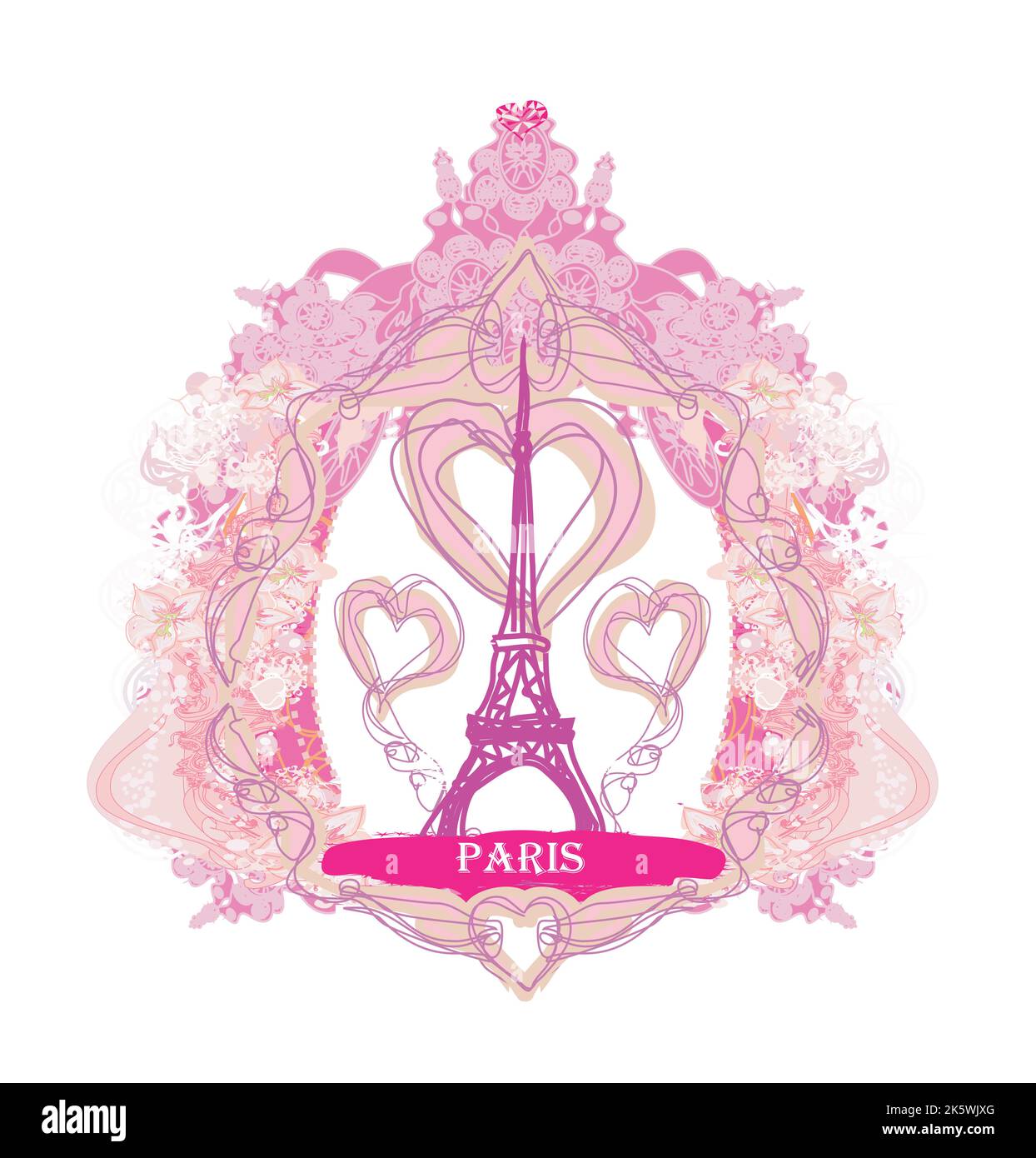 Carte artistique de la tour Eiffel, banderole décorative à motif floral Illustration de Vecteur