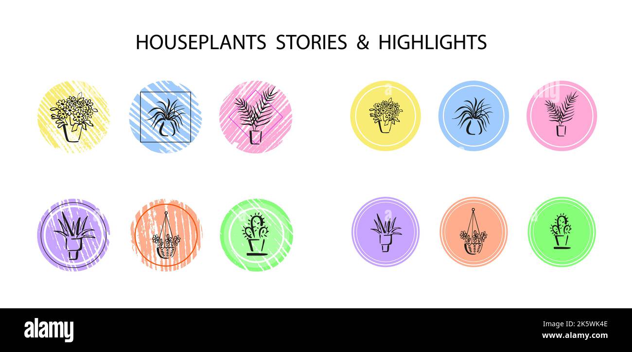 Les couvertures de l'histoire de la maison. Icônes tendance, autocollants pour blogs et médias sociaux, journaux. Ensemble de silhouettes dessinées à la main de plantes en pot Illustration de Vecteur