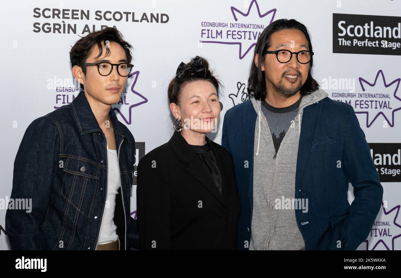 Acteur Justin H min, Kirsty Matheson et réalisateur Kogonada, première européenne d'After Yang, Edinburgh International film Festival 2022 Banque D'Images
