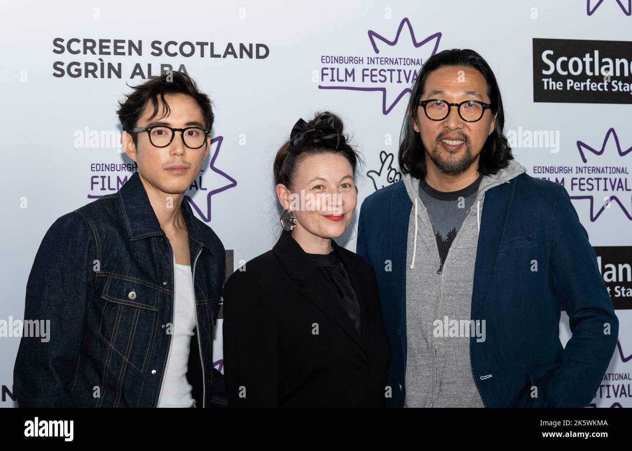 Acteur Justin H min, Kirsty Matheson et réalisateur Kogonada, première européenne d'After Yang, Edinburgh International film Festival 2022 Banque D'Images