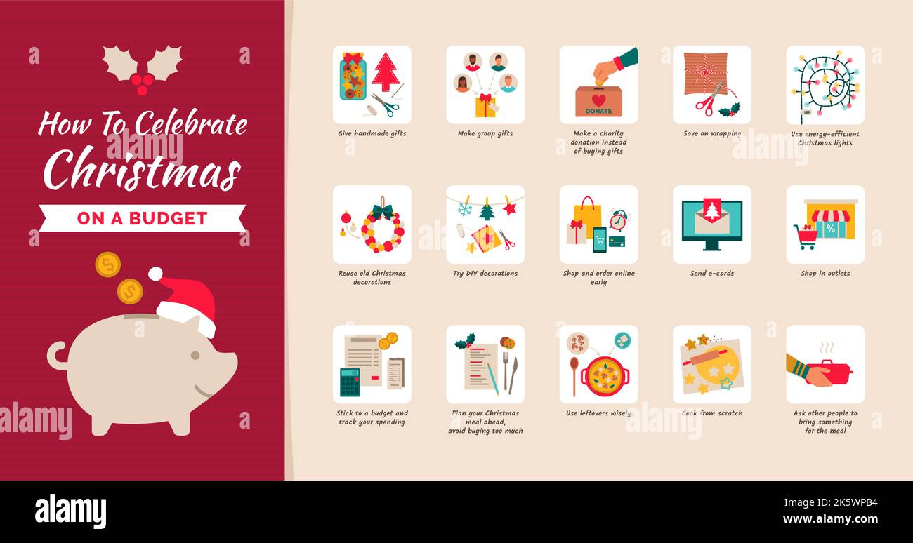 Comment célébrer Noël avec un budget : économisez de l'argent sur les cadeaux, les achats de Noël, les décorations et le dîner de Noël Illustration de Vecteur
