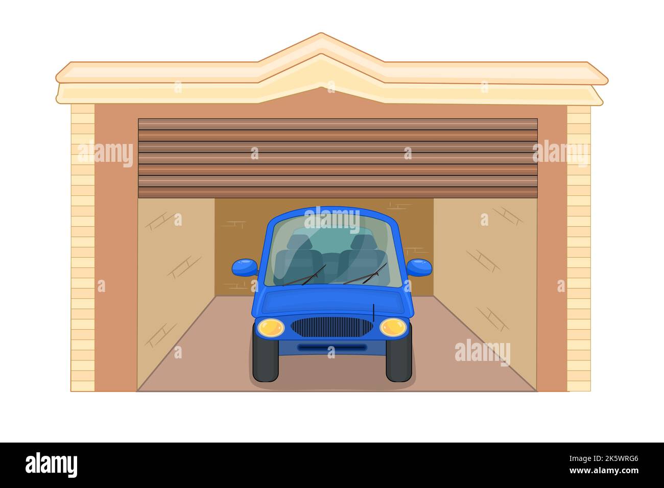 Voiture dans le garage avec porte à roulettes ouverte.garage à la maison. Parking automatique. Service de réparation et de diagnostic d'automobiles. Concept d'assurance, de succession ou de propriété. Vecteur Illustration de Vecteur