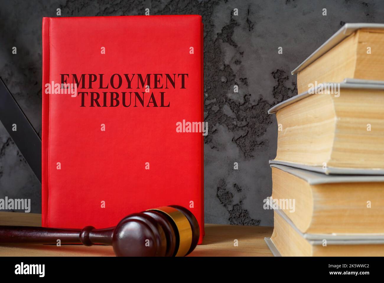 Le tribunal de l'emploi du livre rouge et un gavel. Banque D'Images