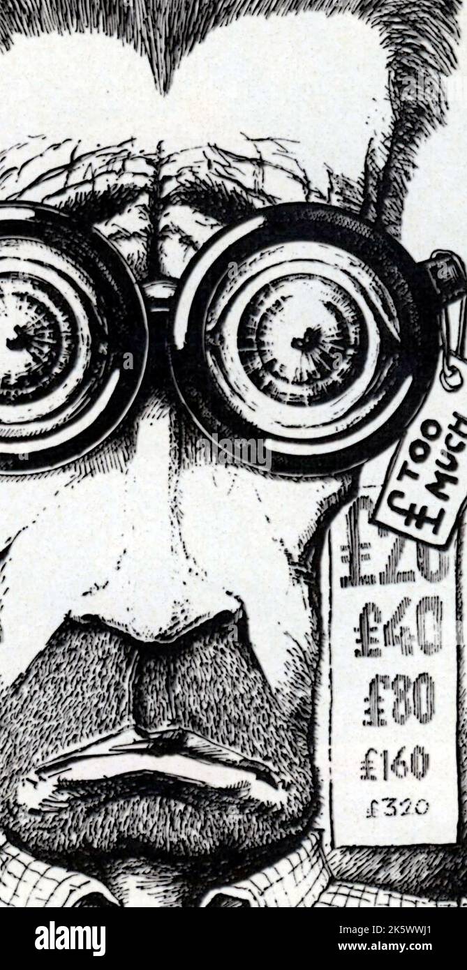 Illustration d'art en noir et blanc, gros plan de l'homme essayant des lunettes, les lunettes ont des prix différents de l'abordable à trop de coût des lunettes Banque D'Images