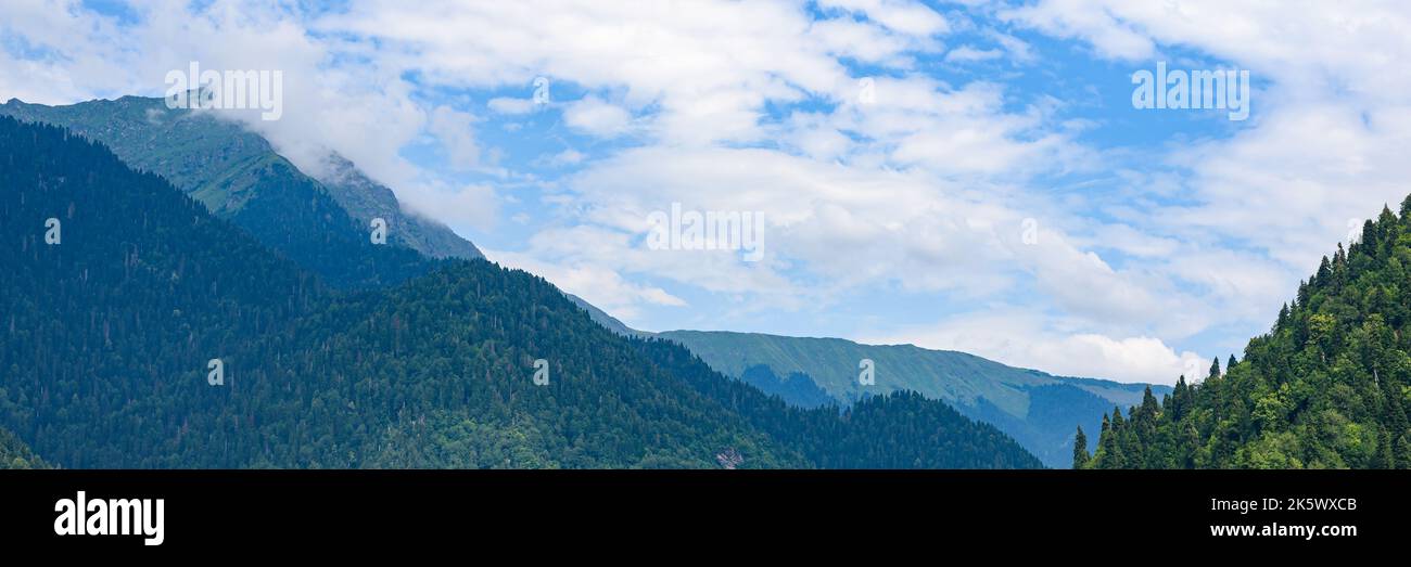 Paysage de montagnes avec des pentes forestières contre ciel bleu Banque D'Images