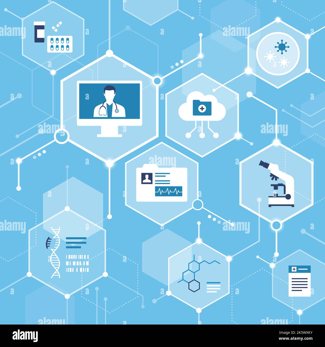 Santé numérique, médecin en ligne et services médicaux novateurs, résumé conceptuel avec des icônes dans un réseau Illustration de Vecteur