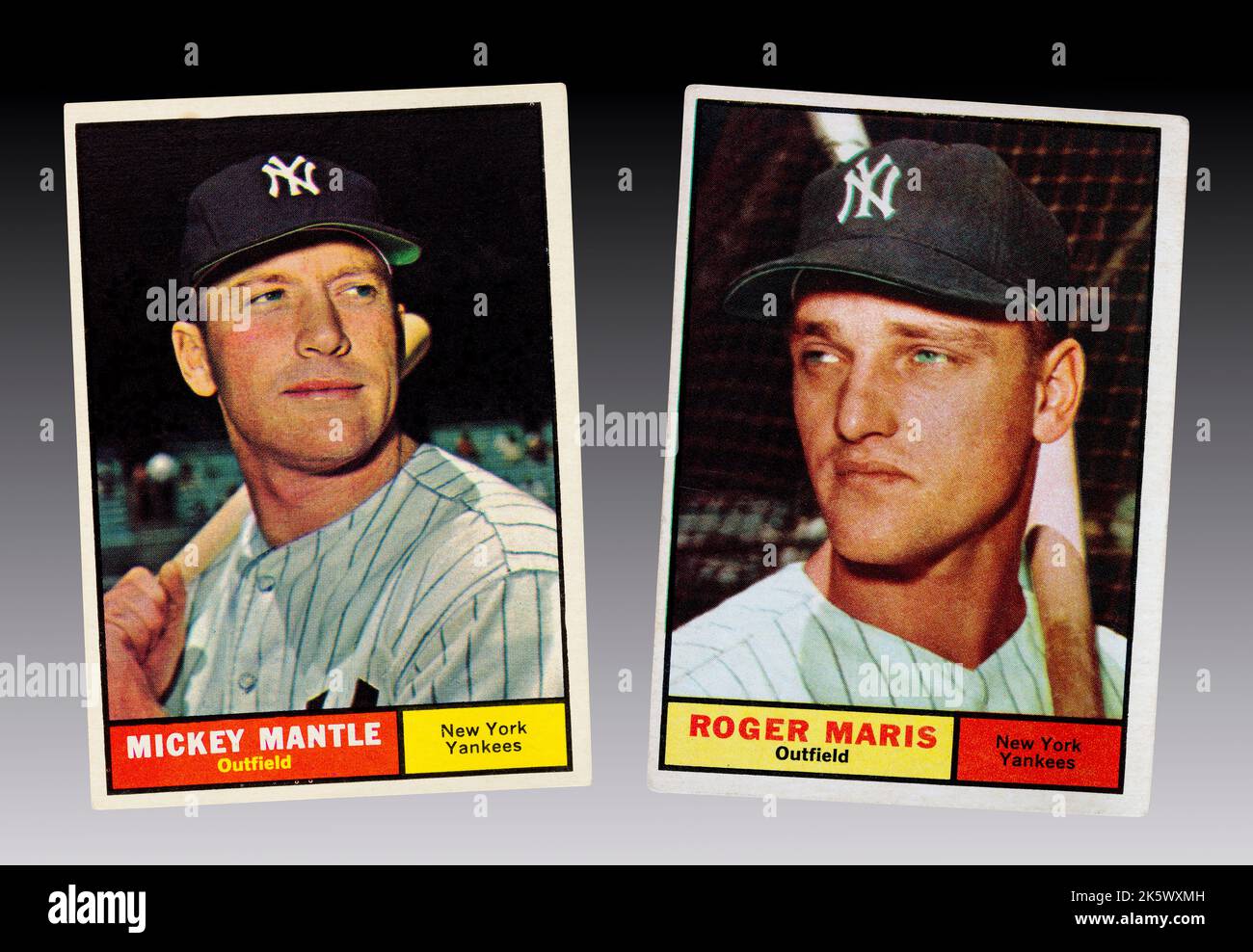 1961 cartes de base-ball demi-ton des M&M Boys, Mickey Mantle et Roger Maris des New York Yankees Banque D'Images