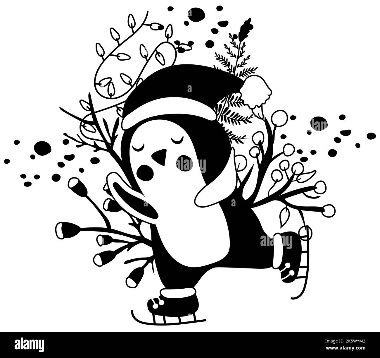 Noir et blanc un joli pingouin arctique dans un chapeau sur les patins, les feuilles, les baies d'hiver, la guirlande. Animaux arctiques, hiver magique. Composition idéale pour les cartes de vœux, les affiches, les cartes postales et les bannières. Vecteur. Illustration de Vecteur Noir et blanc un joli pingouin arctique dans un chapeau sur les patins, les feuilles, les baies d'hiver, la guirlande. Animaux arctiques, hiver magique. Composition idéale pour les cartes de vœux, les affiches, les cartes postales et les bannières. Vecteur. Illustration de Vecteur