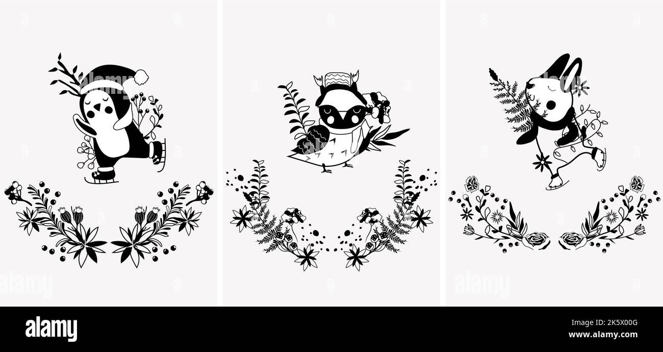 Noir et blanc lapin drôle dans un foulard sur patins, joli pingouin arctique dans un chapeau, hibou, couronne d'hiver, feuilles et baies. Concept Noël et nouvel an. Idéal pour les cartes de vœux, les affiches et les cartes postales Illustration de Vecteur