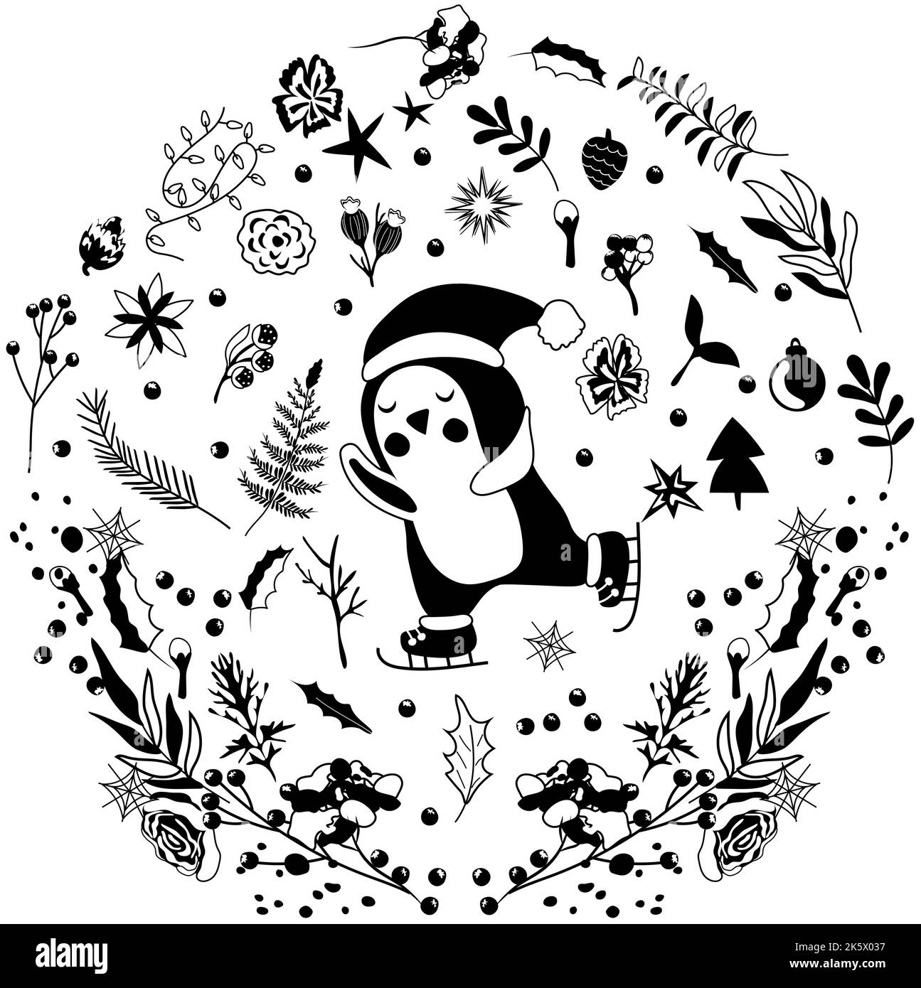 Noir et blanc un joli pingouin arctique dans un chapeau sur les patins, la couronne d'hiver, les feuilles, les baies, la guirlande. Concept Noël et nouvel an. Composition idéale pour les cartes de vœux, les affiches, les cartes postales et les bannières Illustration de Vecteur Noir et blanc un joli pingouin arctique dans un chapeau sur les patins, la couronne d'hiver, les feuilles, les baies, la guirlande. Concept Noël et nouvel an. Composition idéale pour les cartes de vœux, les affiches, les cartes postales et les bannières Illustration de Vecteur