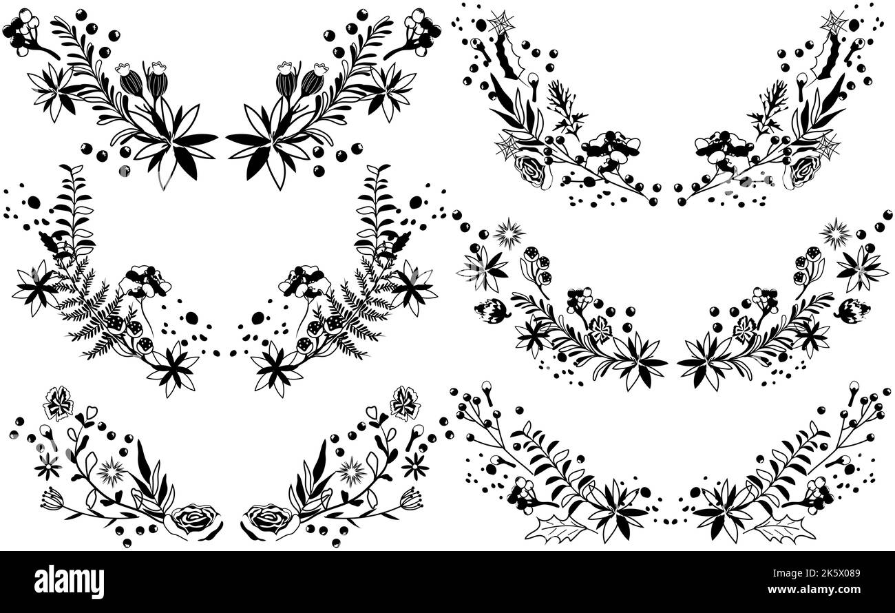 Couronne de Noël noire et blanche avec fleurs poinsettia, feuilles, baies d'hiver, branche d'épinette. Concept Noël et nouvel an. Idéal pour les cartes de vœux, les affiches et les bannières. Vecteur Illustration de Vecteur Couronne de Noël noire et blanche avec fleurs poinsettia, feuilles, baies d'hiver, branche d'épinette. Concept Noël et nouvel an. Idéal pour les cartes de vœux, les affiches et les bannières. Vecteur Illustration de Vecteur